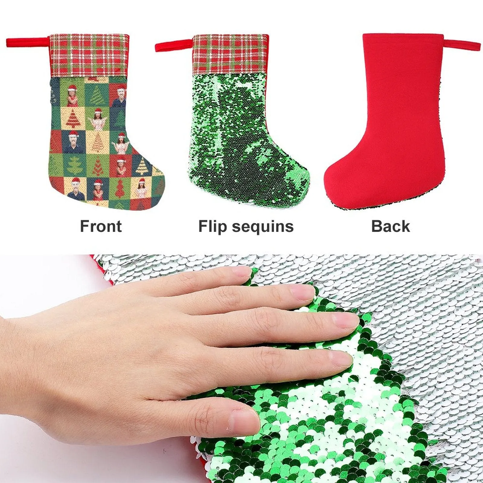 16.5in(L) Super Size-Custom Family Face Christmas Tree Lattice Flip Sequins Christmas Stocking