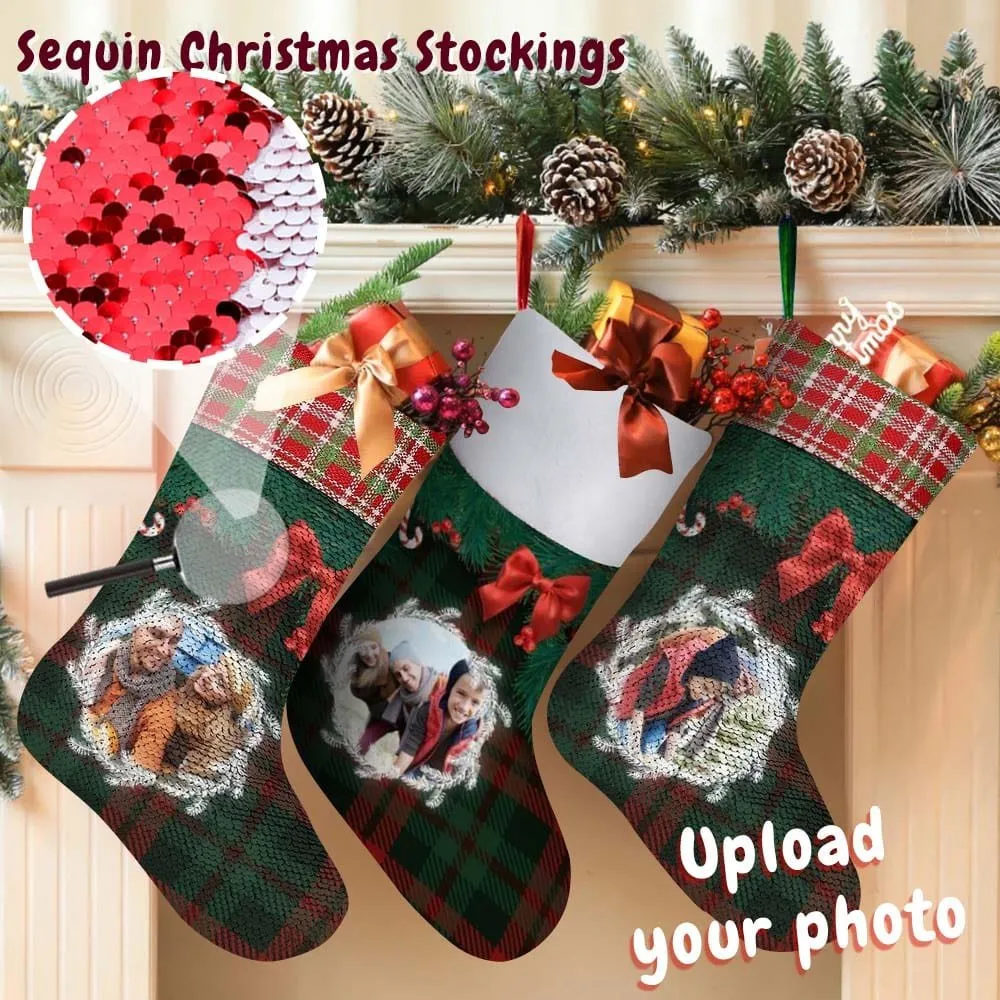 16.5in(L) Super Size-Custom Photo Lattice Red Bow Christmas Socks Flip Sequins Christmas Stocking