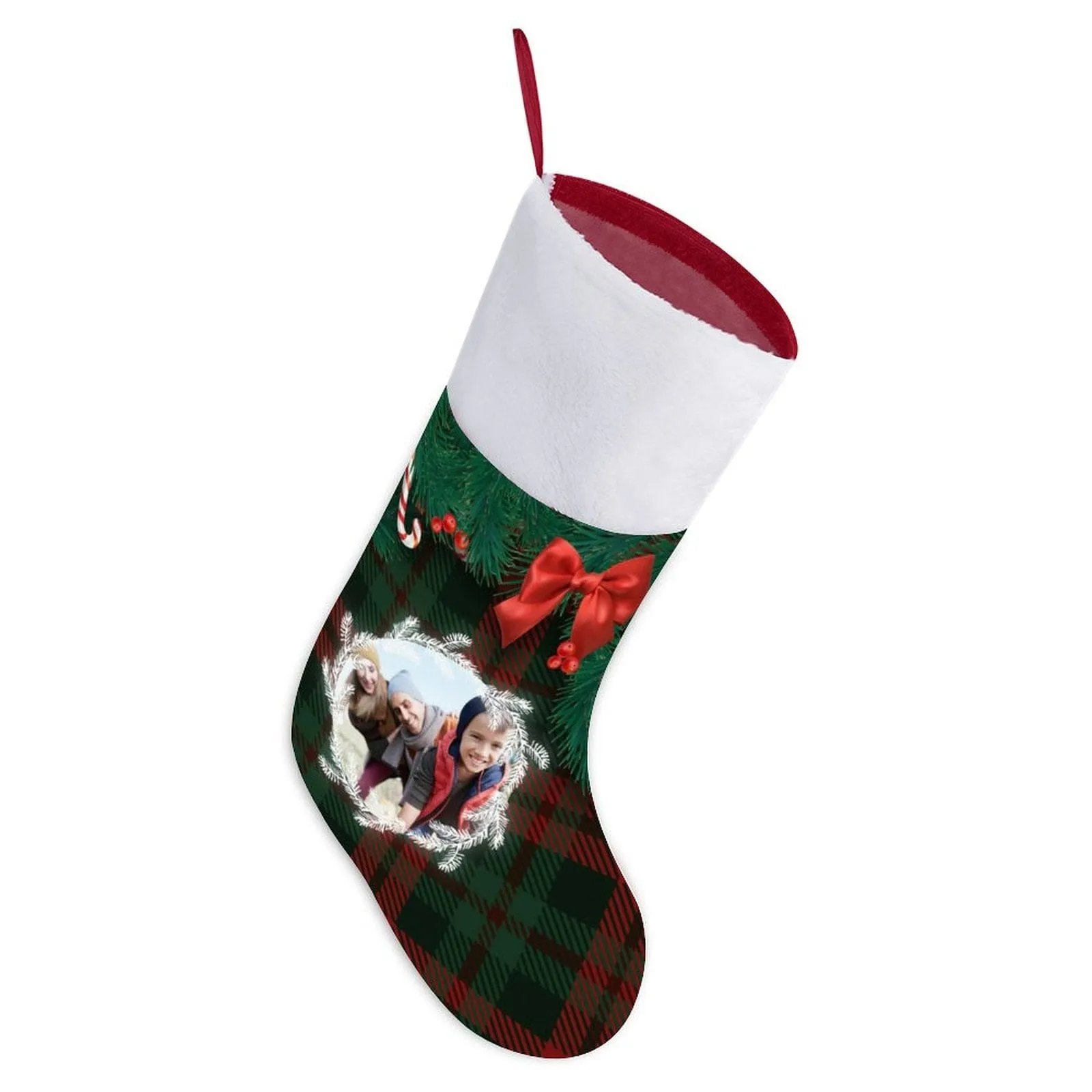 16.5in(L) Super Size-Custom Photo Lattice Red Bow Christmas Socks Flip Sequins Christmas Stocking