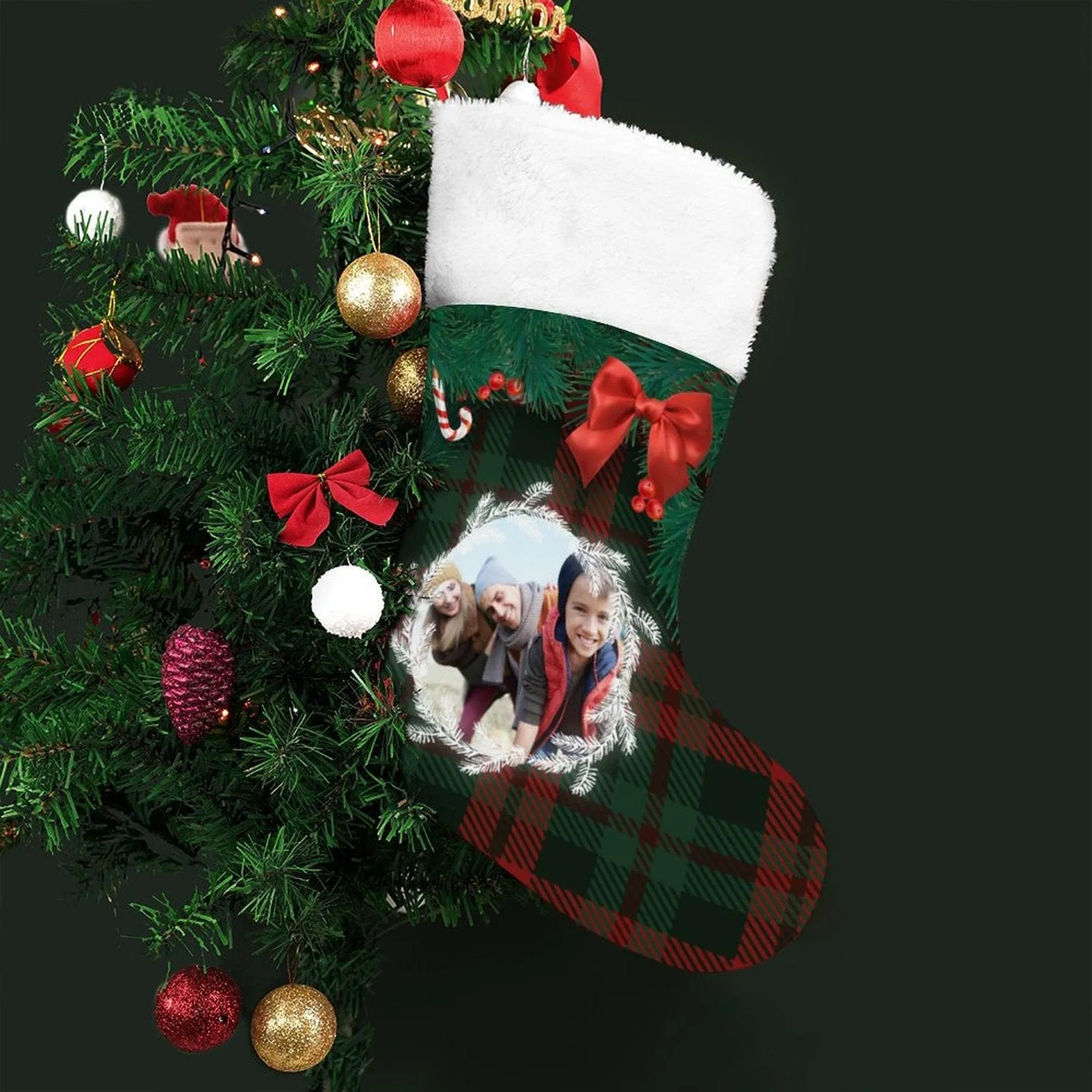 16.5in(L) Super Size-Custom Photo Lattice Red Bow Christmas Socks Flip Sequins Christmas Stocking