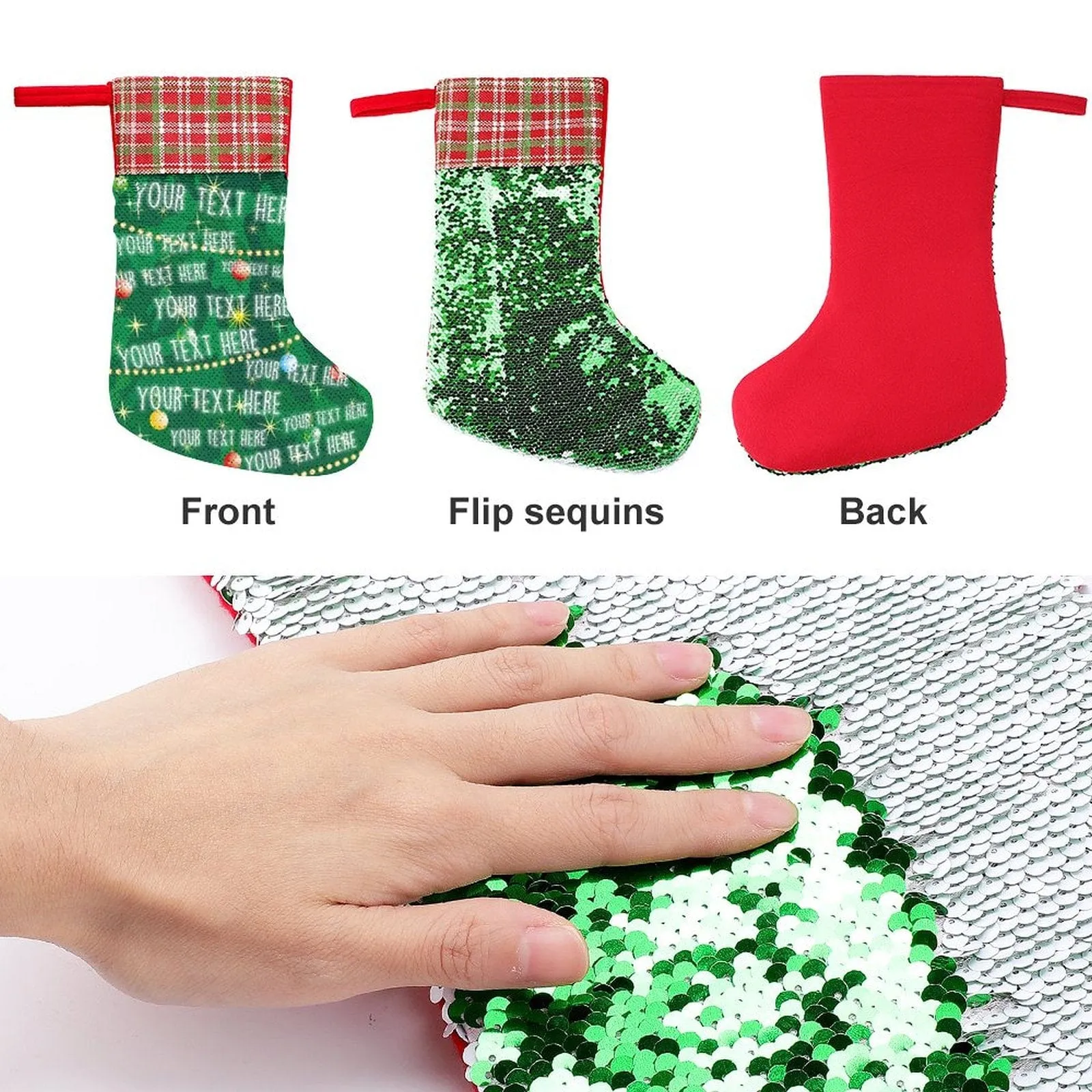 16.5in(L) Super Size-Custom Text Green Background Christmas Ornaments Socks Flip Sequins Christmas Stocking