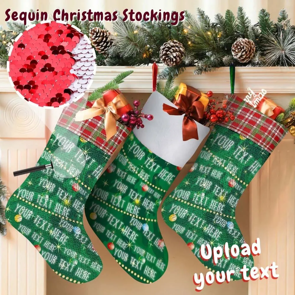 16.5in(L) Super Size-Custom Text Green Background Christmas Ornaments Socks Flip Sequins Christmas Stocking