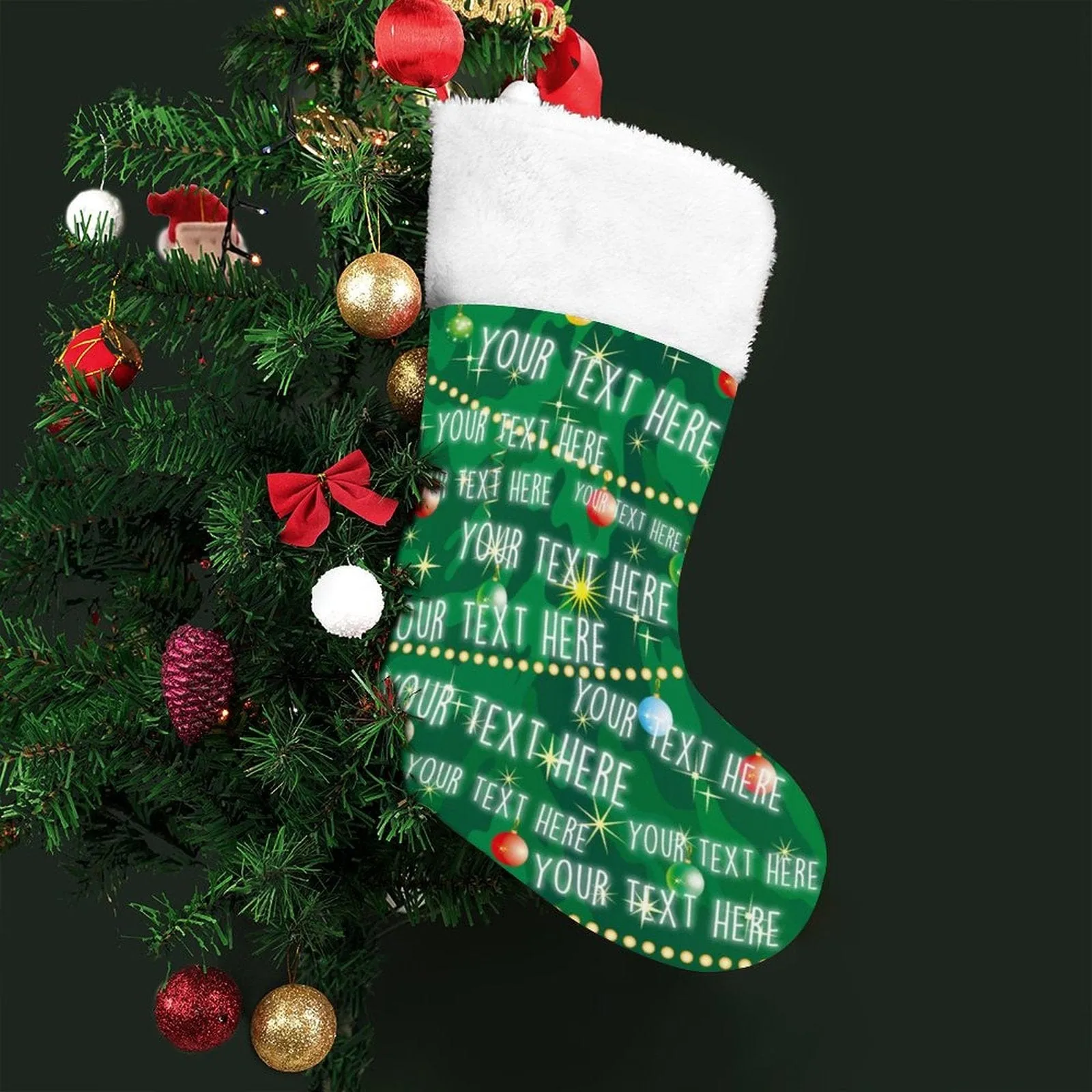 16.5in(L) Super Size-Custom Text Green Background Christmas Ornaments Socks Flip Sequins Christmas Stocking