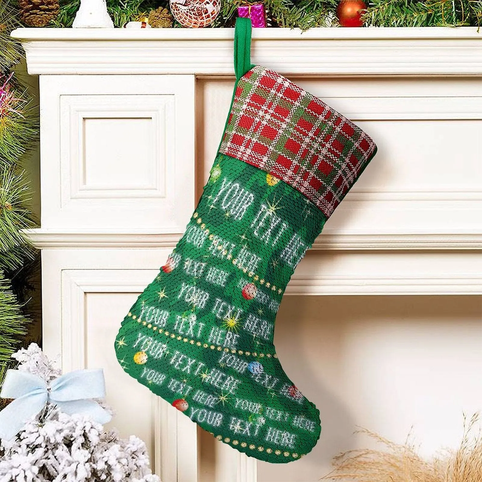 16.5in(L) Super Size-Custom Text Green Background Christmas Ornaments Socks Flip Sequins Christmas Stocking