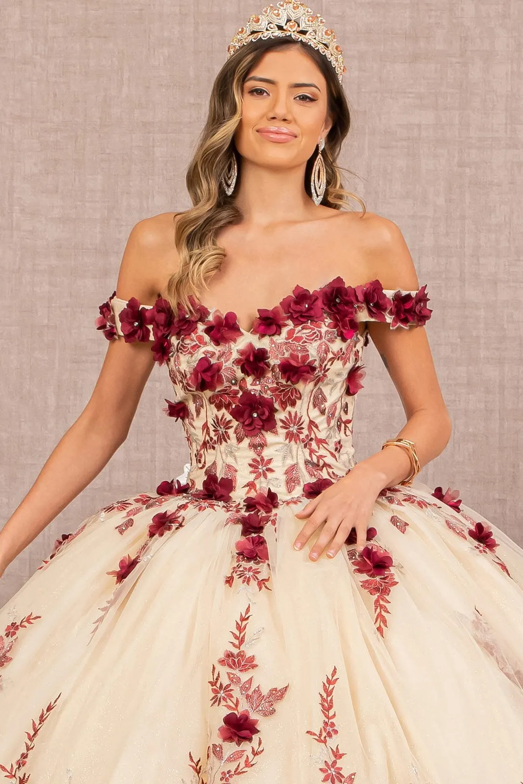 3D Floral Off Shoulder Ball Gown by Elizabeth K GL3105