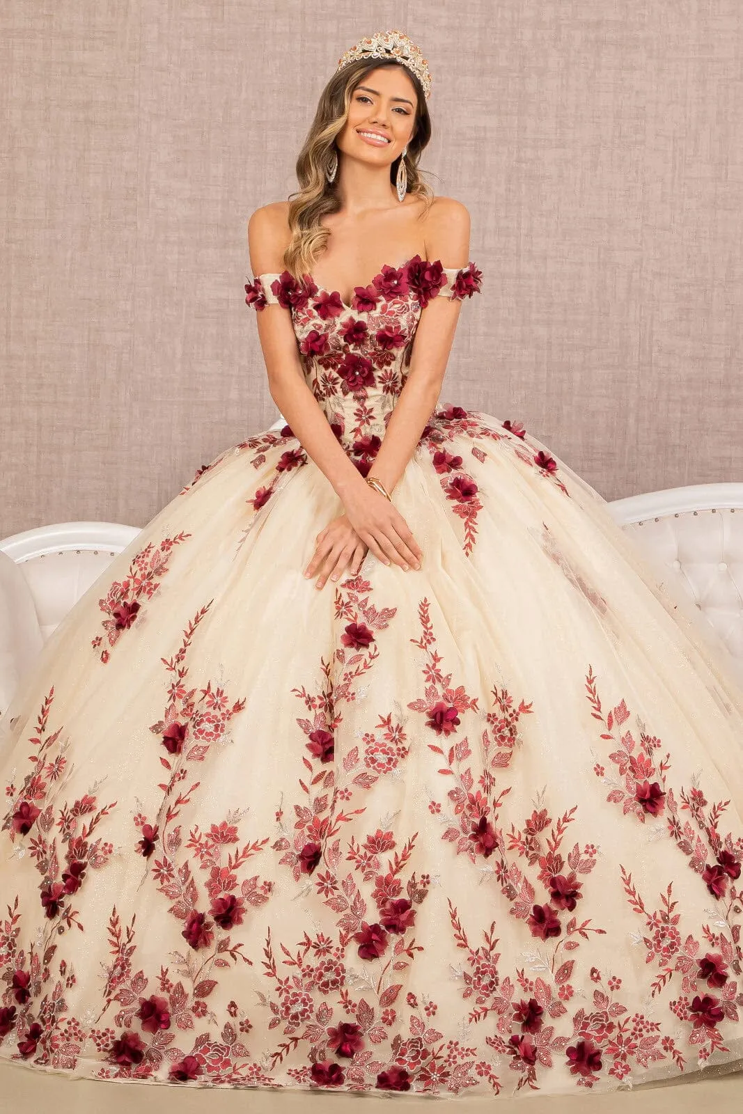 3D Floral Off Shoulder Ball Gown by Elizabeth K GL3105