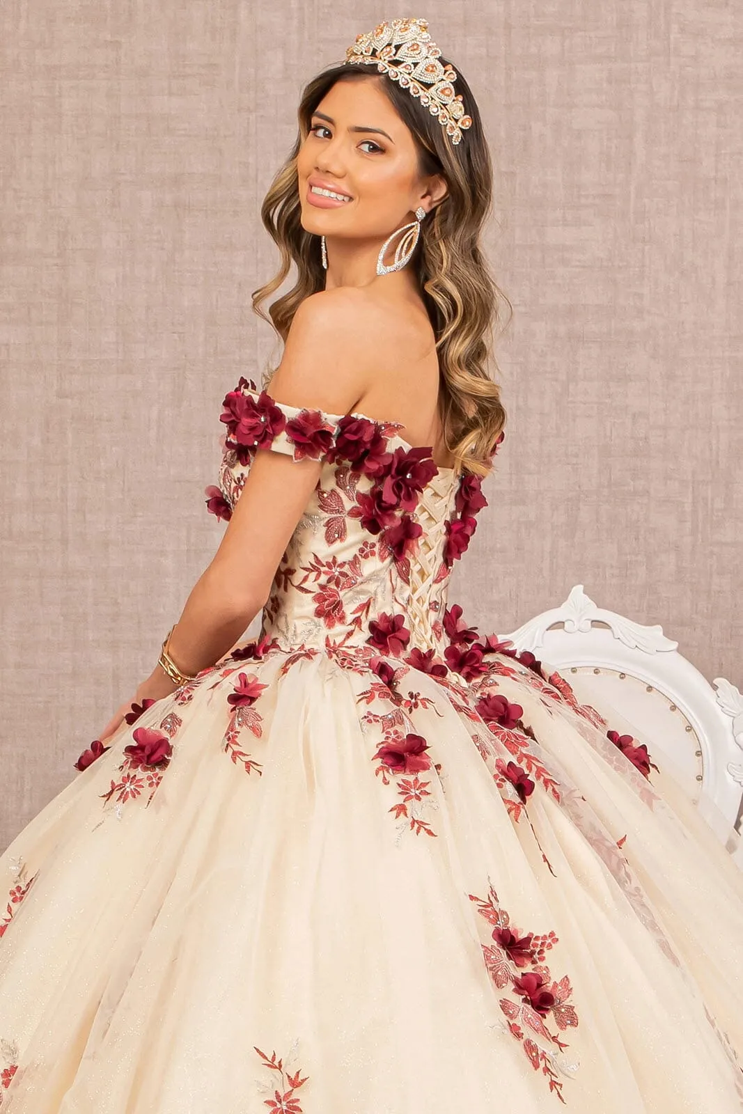 3D Floral Off Shoulder Ball Gown by Elizabeth K GL3105