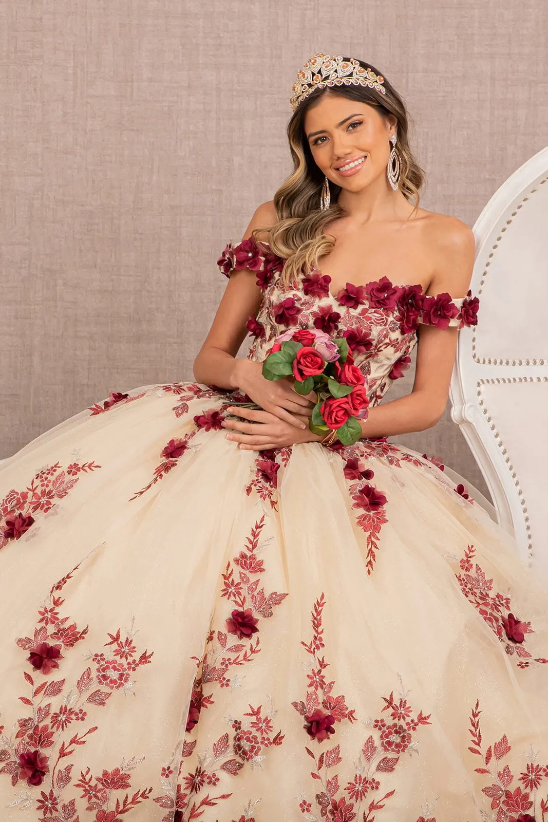 3D Floral Off Shoulder Ball Gown by Elizabeth K GL3105