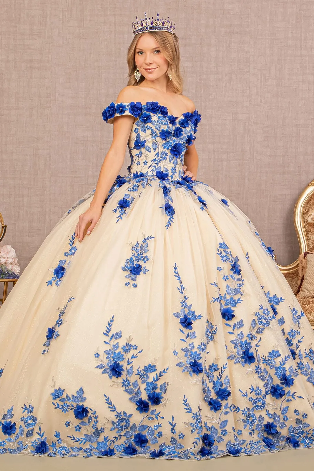 3D Floral Off Shoulder Ball Gown by Elizabeth K GL3105