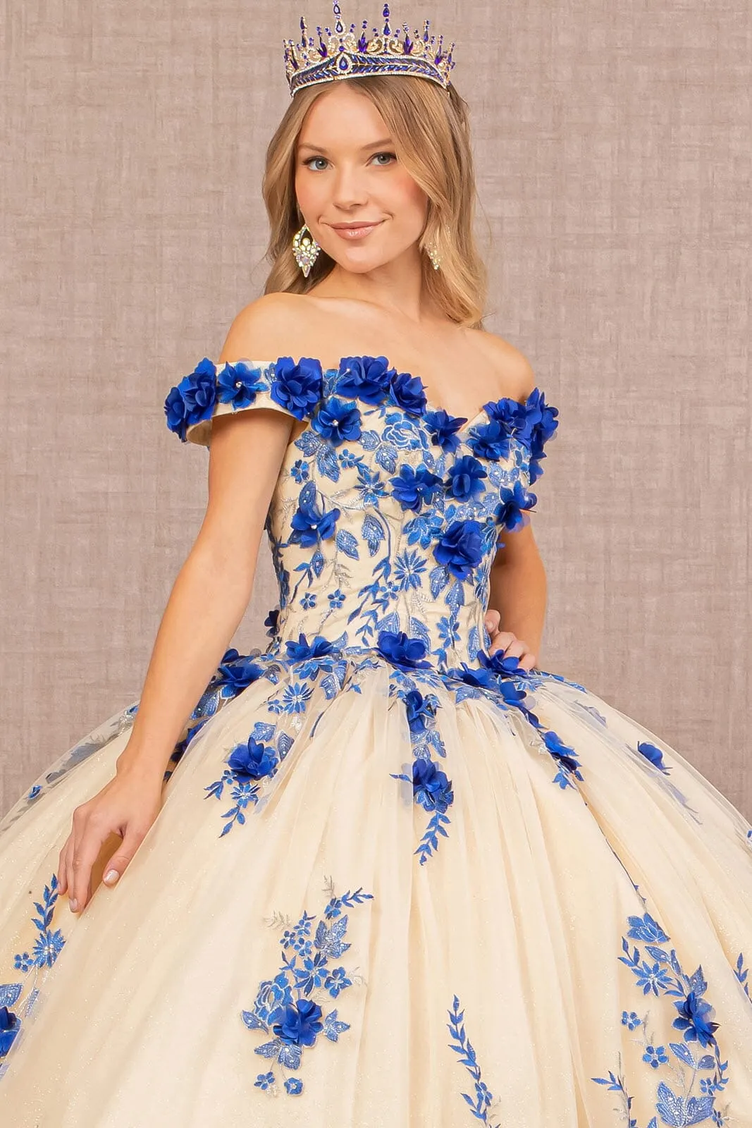 3D Floral Off Shoulder Ball Gown by Elizabeth K GL3105