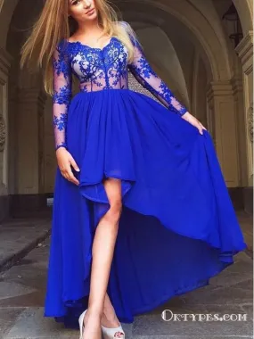 A-Line V-Neck High Low Blue Long Cheap Chiffon Prom Dresses With Applique, TYP1798