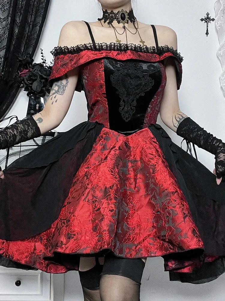 A-Line Vintage Off Shoulder Lace Trim Floral Medieval Steampunk Halloween Dress