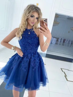 Amazing Tulle Halter Neckline A-line Homecoming Dresses With Appliques HD339