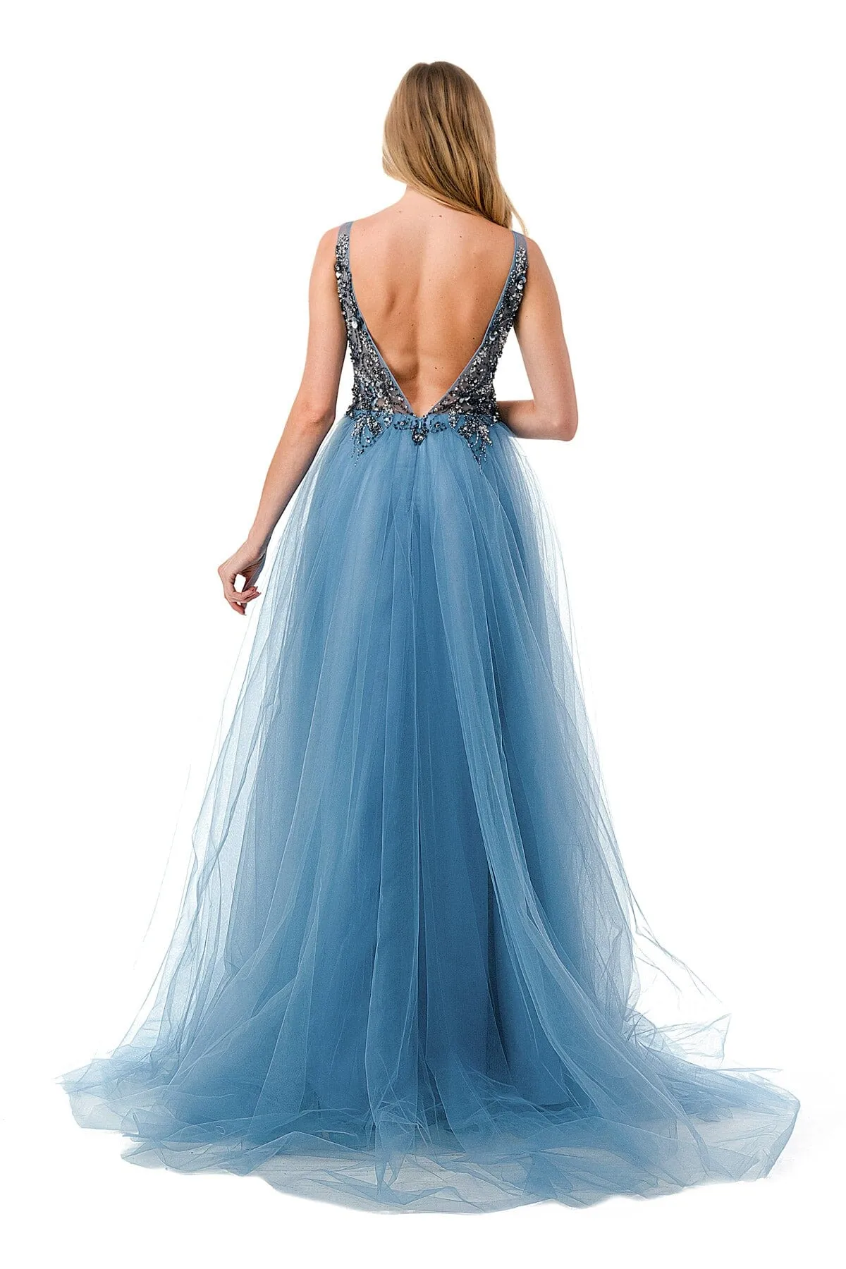 Applique Bodice Deep V-Neck Tulle Gown by Coya L2781A