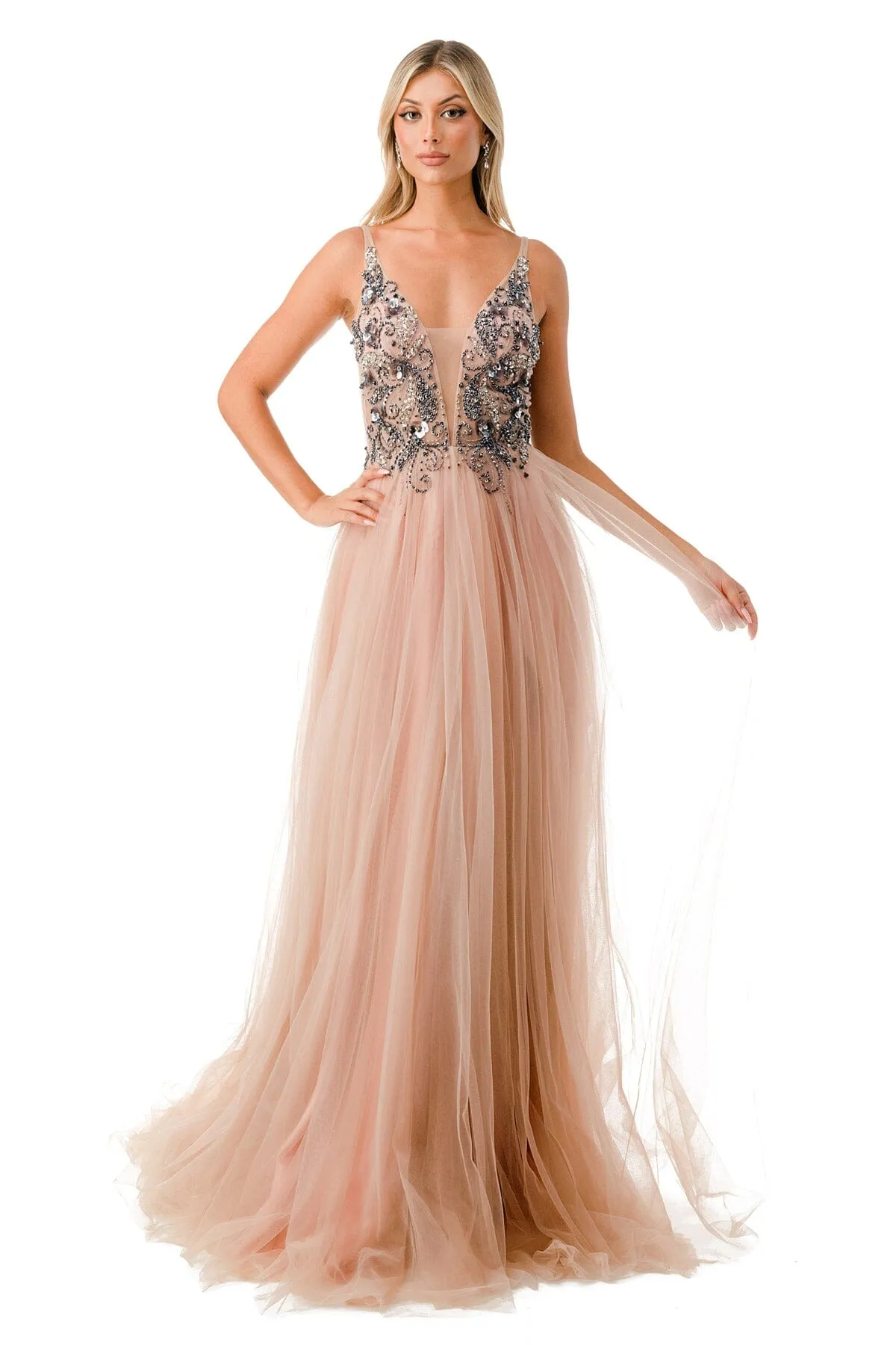 Applique Bodice Deep V-Neck Tulle Gown by Coya L2781A