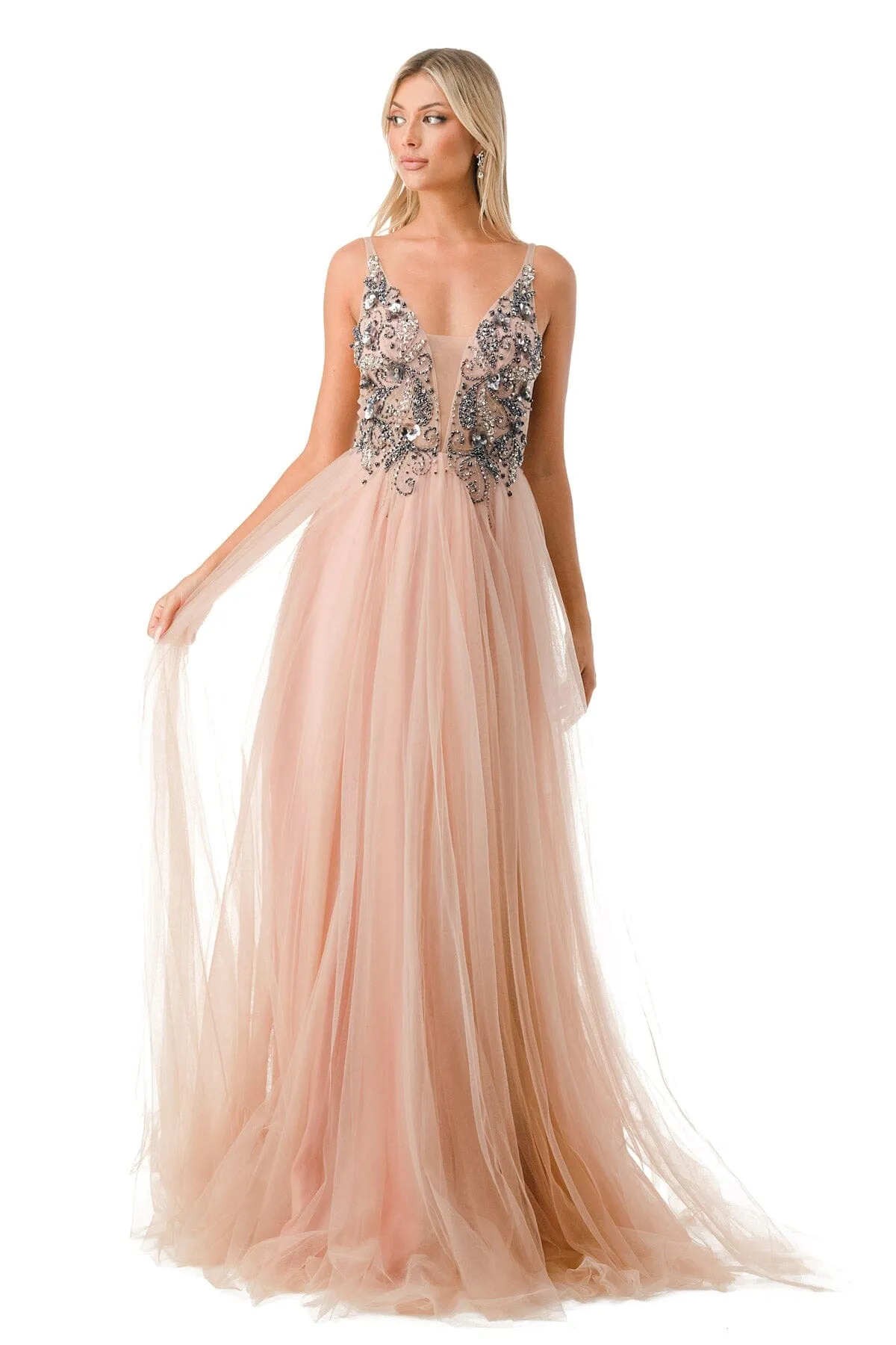 Applique Bodice Deep V-Neck Tulle Gown by Coya L2781A