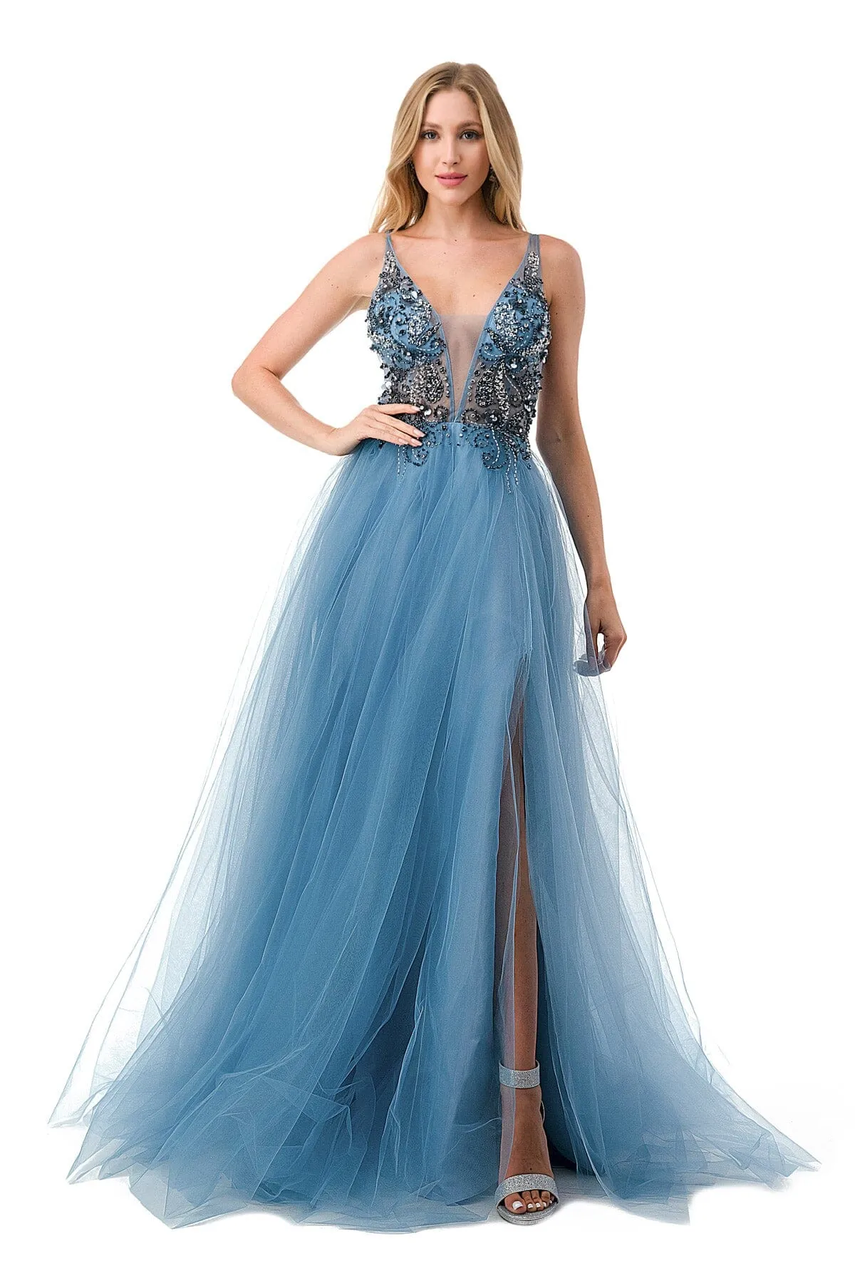 Applique Bodice Deep V-Neck Tulle Gown by Coya L2781A