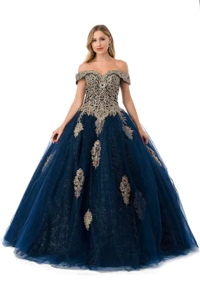 Applique Off Shoulder Glitter Ball Gown by Coya L2779C