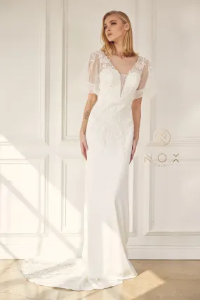 Applique Short Sleeve Wedding Gown by Nox Anabel JE927