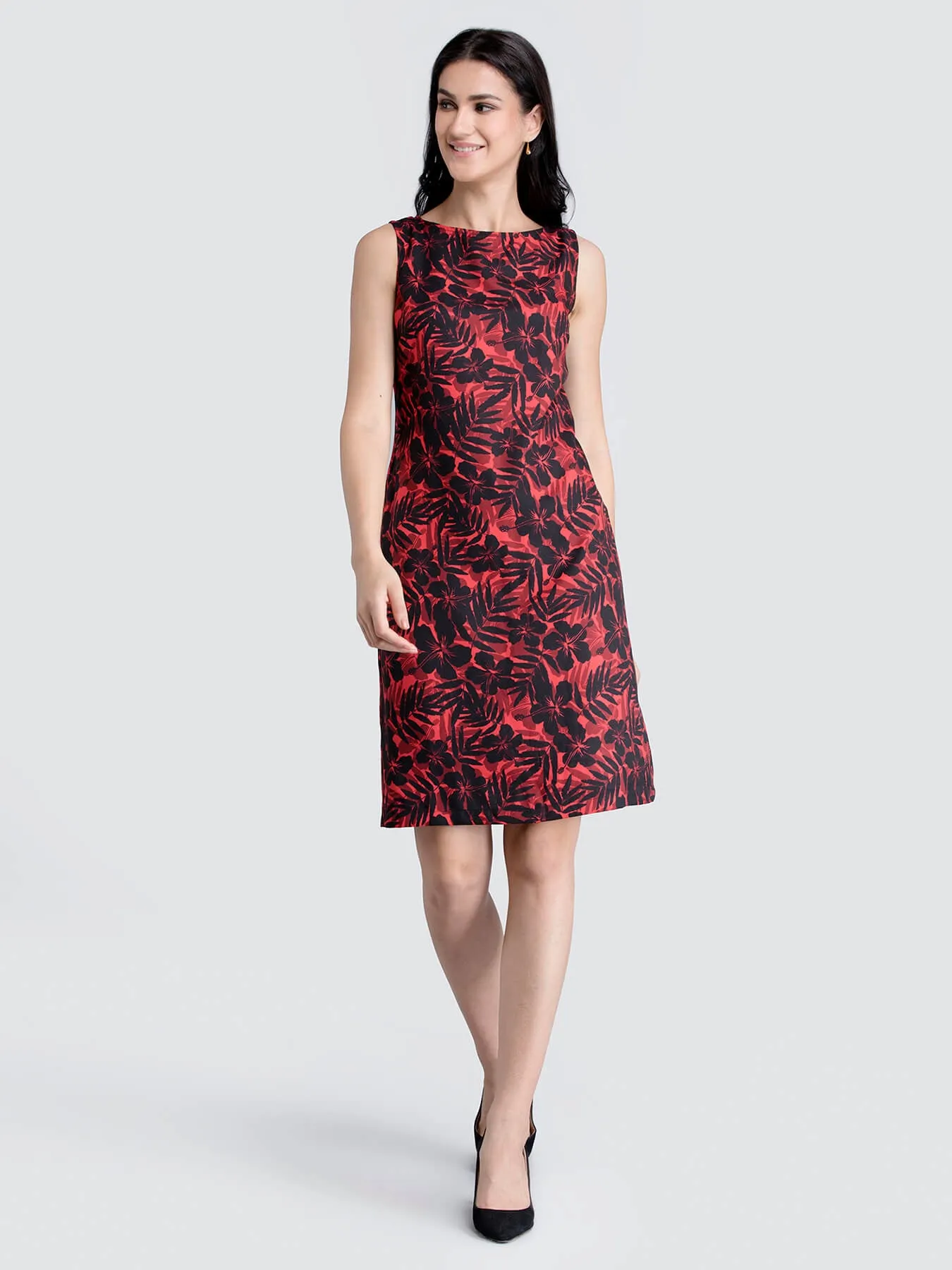 Boat Neck Floral Shift Dress - Red