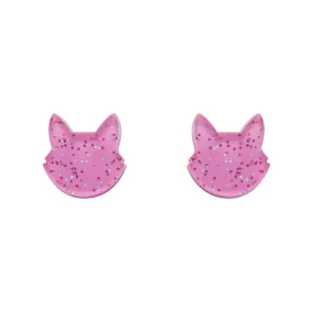 Cat Head Glitter Resin Stud Earrings - Pink