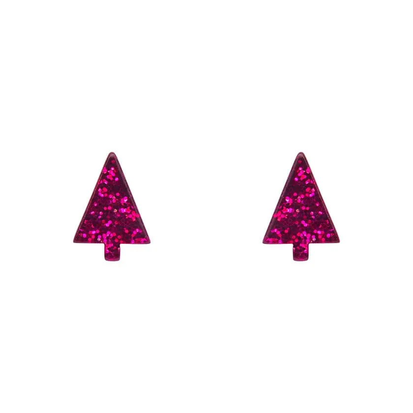 Christmas Tree Fine Glitter Stud Earrings - Pink