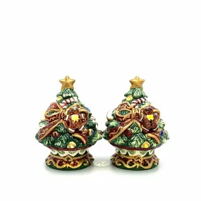 Christmas Tree Red Bow Gingerbread Man Salt Pepper Shakers Set Pair Ceramic