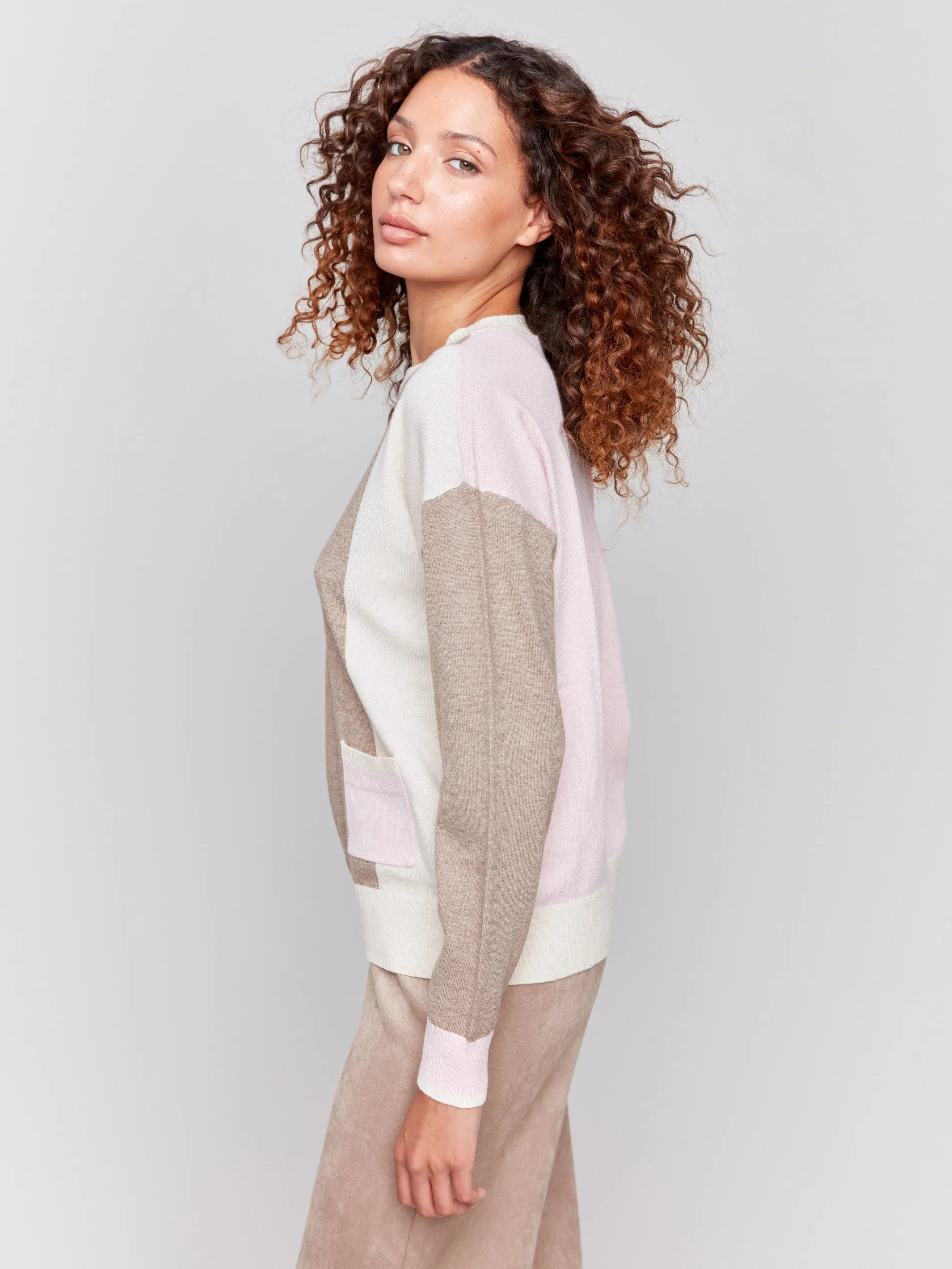 Color Block Sweater with Pocket Detail - Truffle