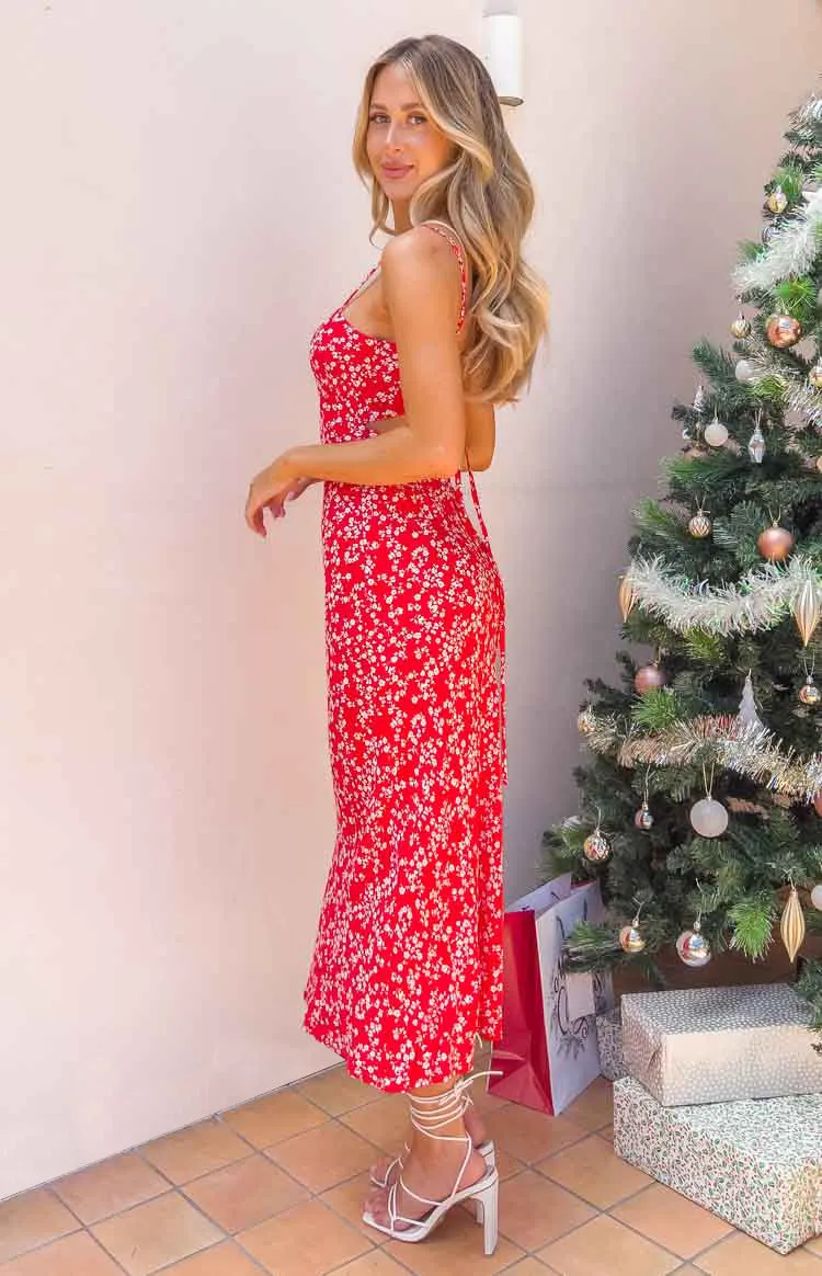 Delphine Red Floral Midi Dress