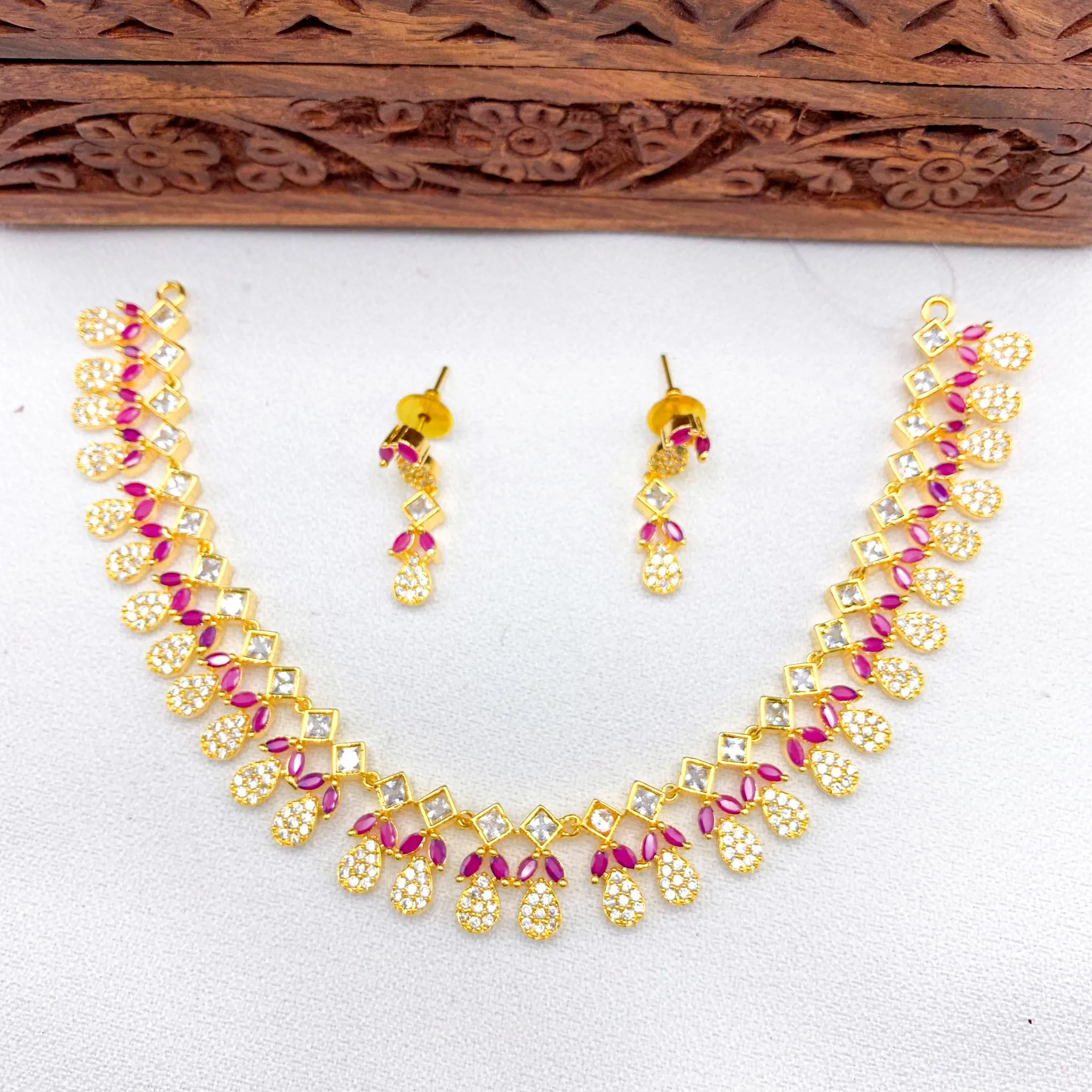 Elegant White and Ruby Zircon (CZ) stone Necklace Set