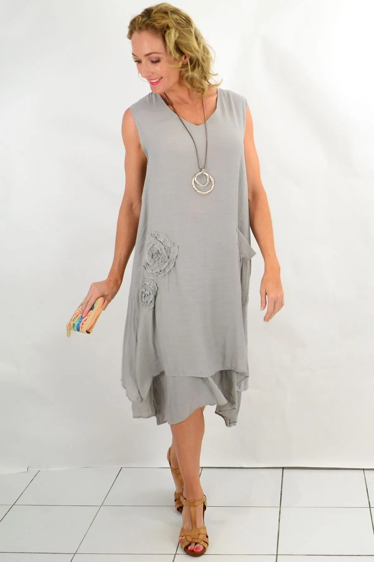 Grey Applique Sleeveless Tunic Dress