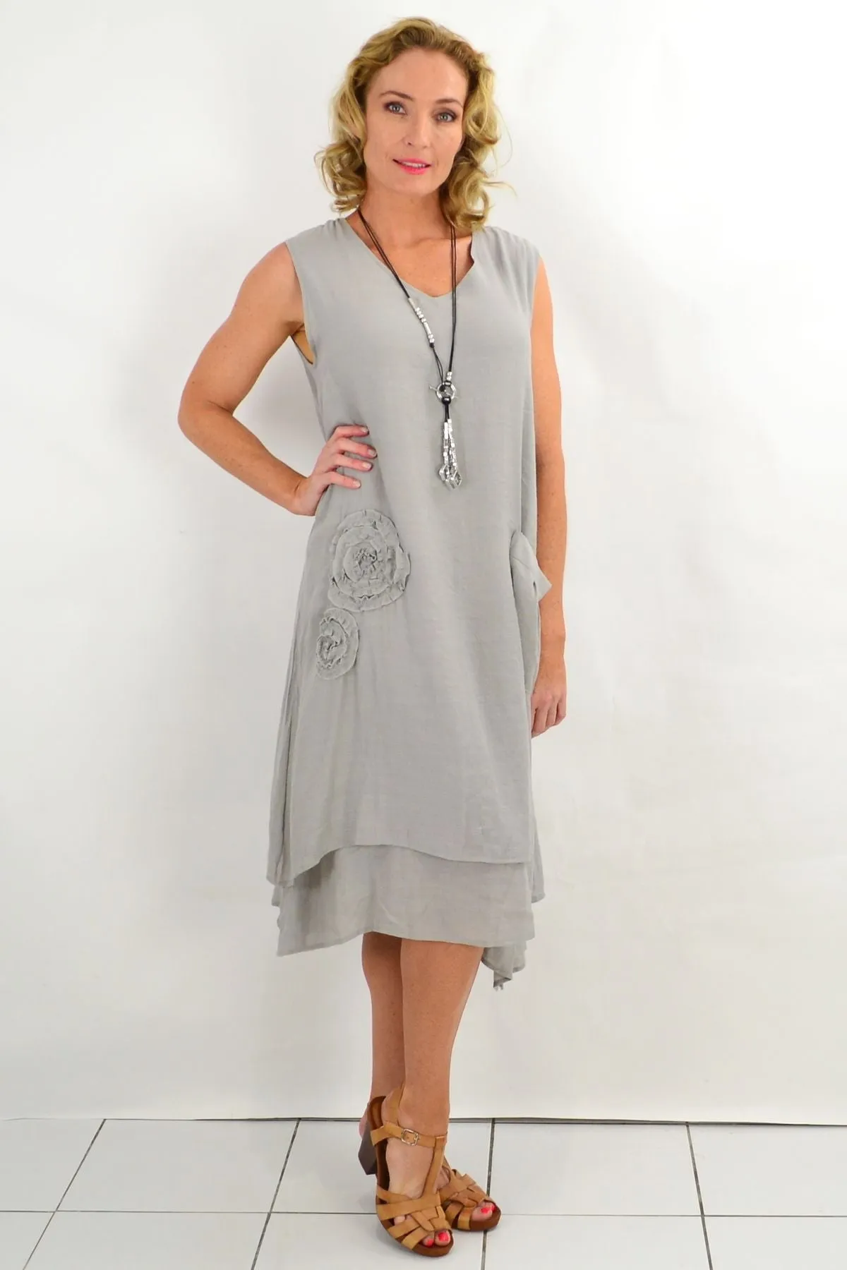 Grey Applique Sleeveless Tunic Dress