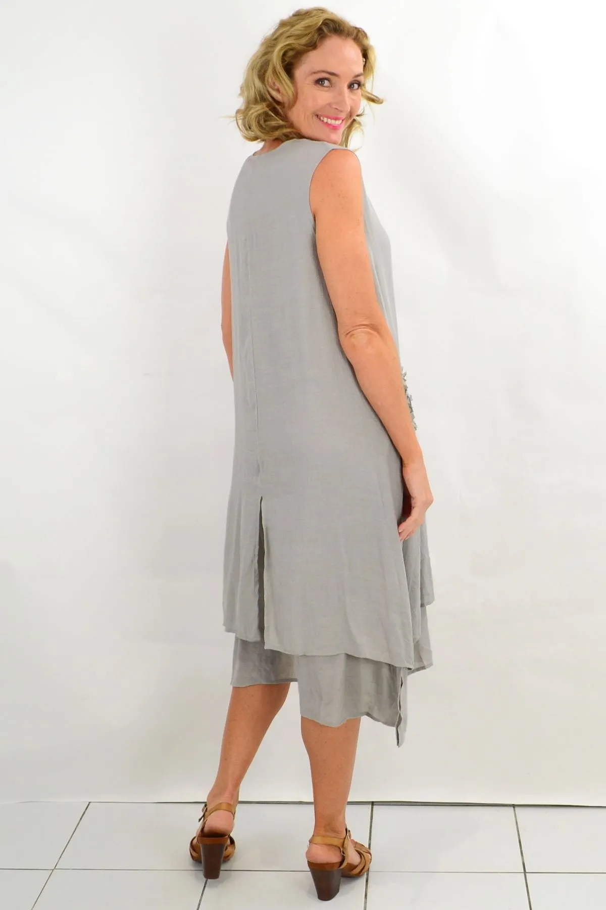 Grey Applique Sleeveless Tunic Dress