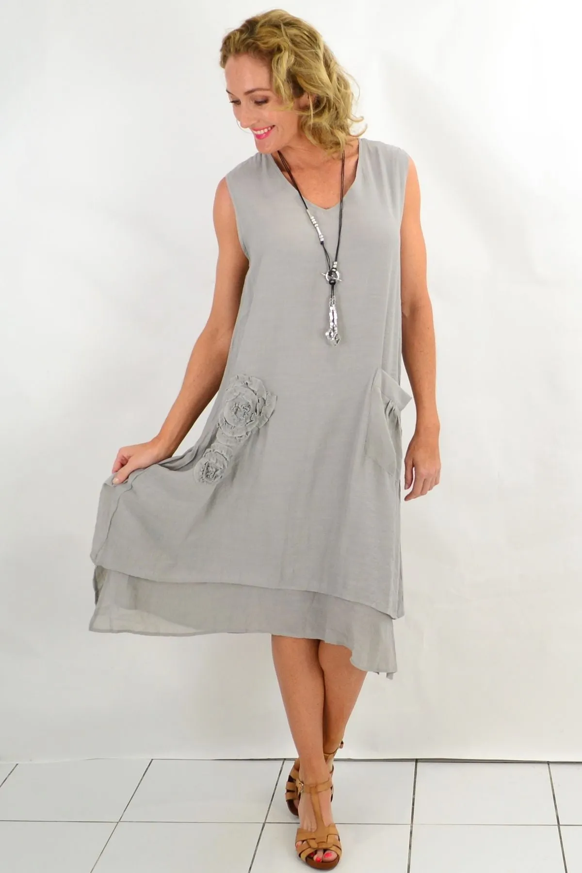 Grey Applique Sleeveless Tunic Dress