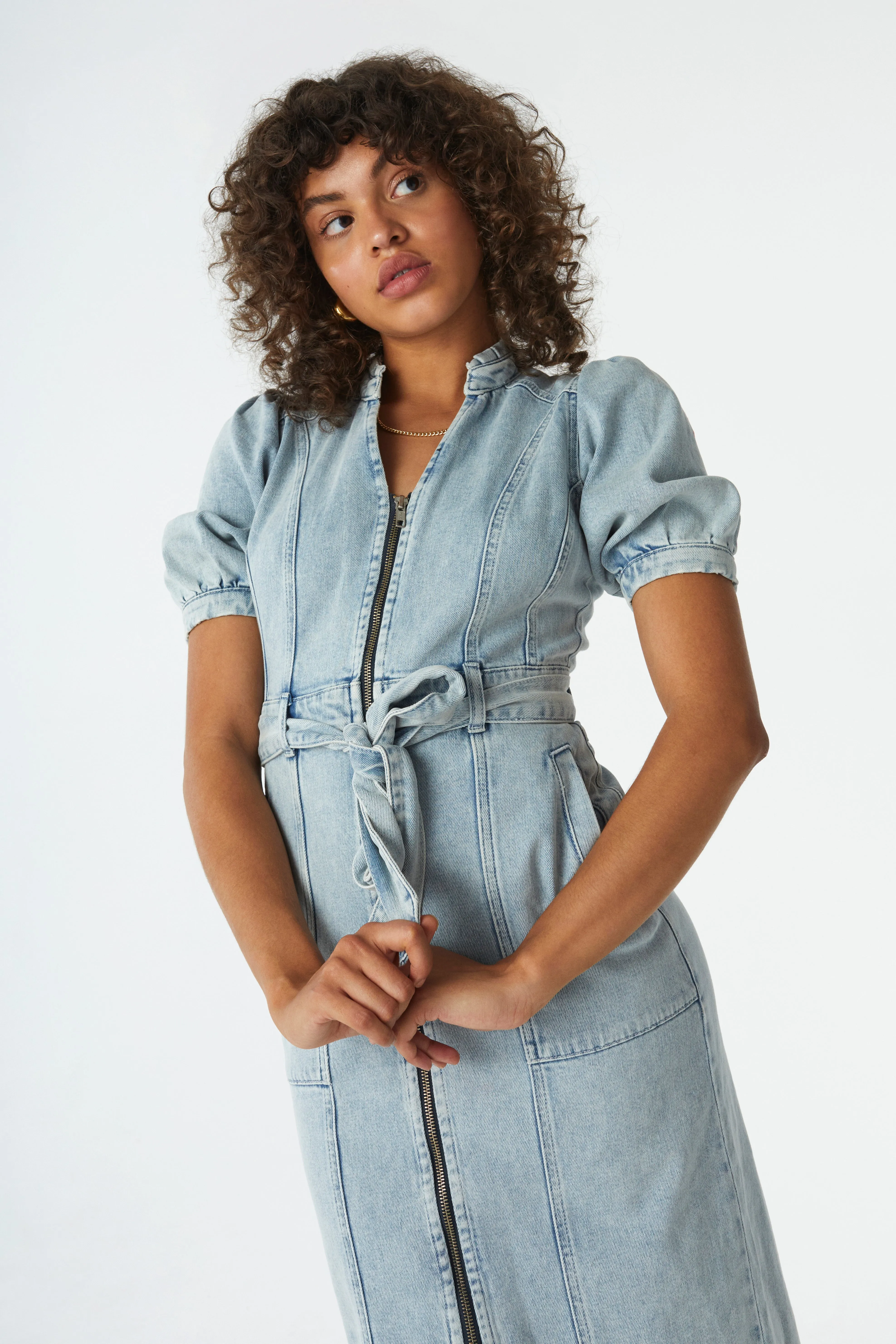 Heavy Washed Zip Detail Denim Dress