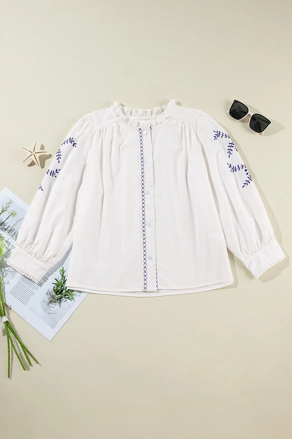 Lisa White Floral Embroidered Button Up Boho Blouse