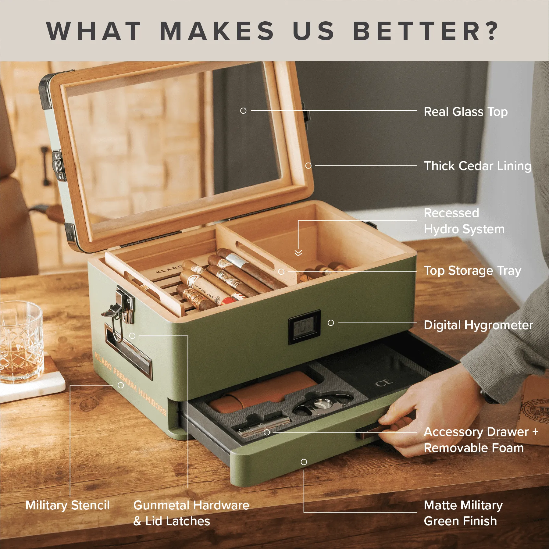 Military Glass Top Humidor