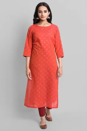 Red Woven Teekee Cotton Kurta