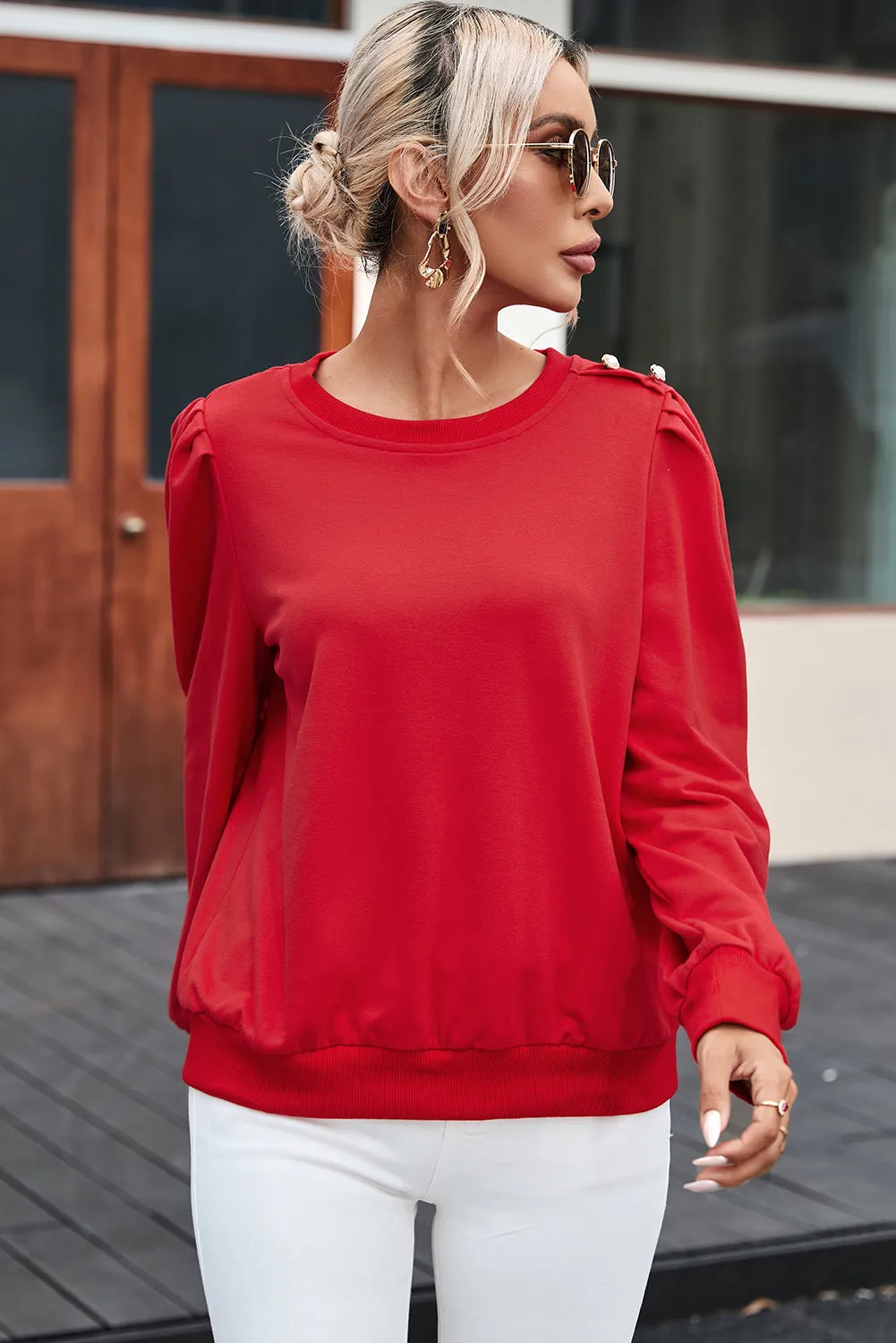 Rose Tan Button Tab Detail Long Sleeve Top