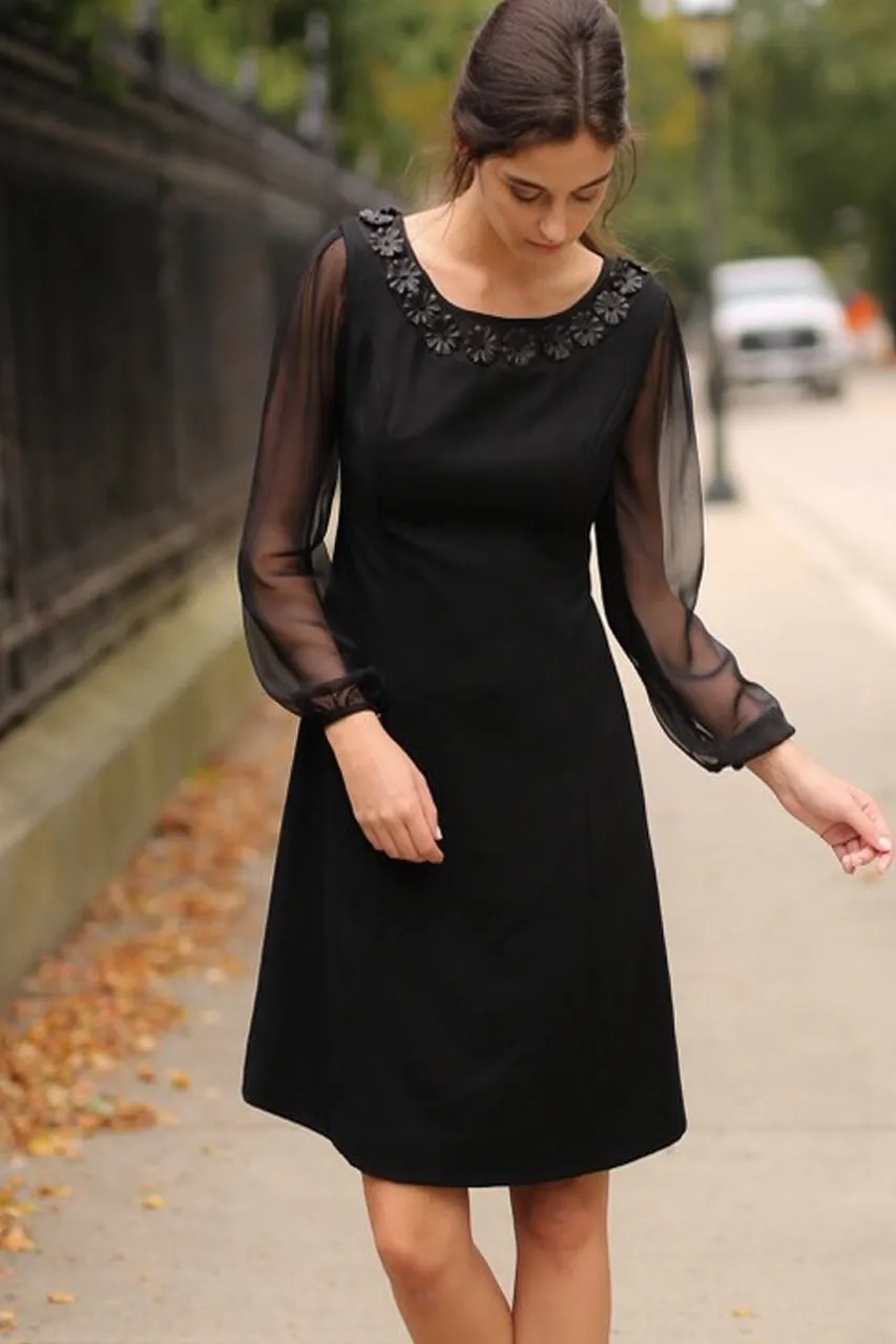 Sheer Bishop Sleeve Cocktail Dress with Leather Floral Applique Neckline