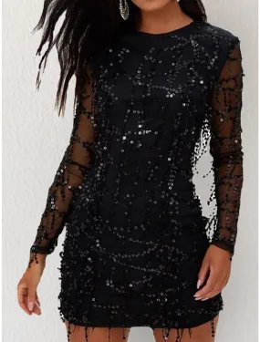 Women's Sequin Dress Fringe Dress Party Dress Sparkly Dress Little Black Dress Sexy Dress Black Homecoming Dress Mini Dress Long Sleeve Fall Winter Autumn Crew Neck Fashion Winter Dress Fall